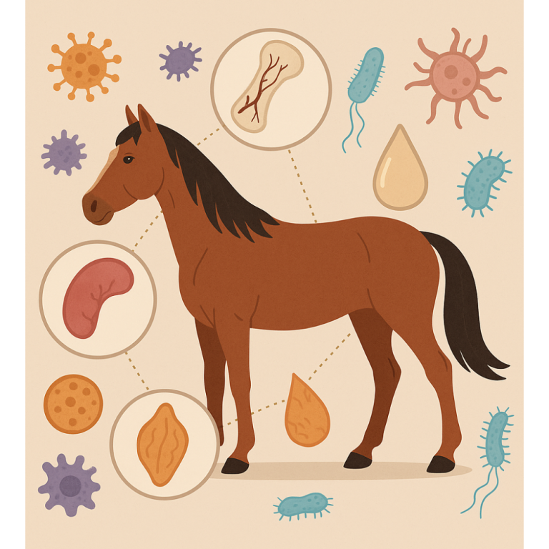 Illustration d’un cheval entouré de représentations stylisées de cellules immunitaires et de germes.