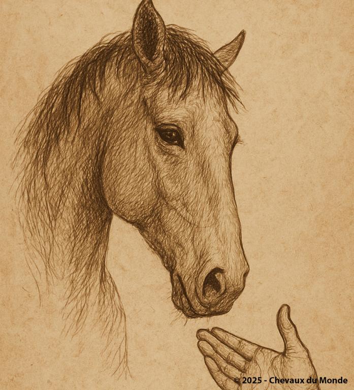 Dessin au crayon d’un cheval observant une main humaine tendue, symbolisant la connexion émotionnelle entre l’homme et le cheval.