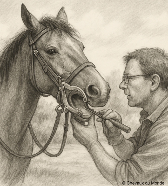 Illustration au crayon montrant un dentiste équin examinant la bouche d’un cheval avec un écarteur, dans une scène réaliste en extérieur.