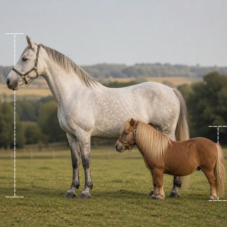 Cheval gris et poney brun côte à côte dans un pré montrant la différence de taille entre cheval et poney