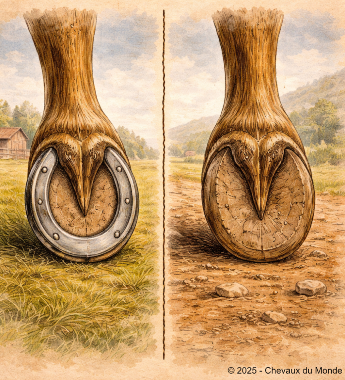 Vue dessous du sabot d’un cheval comparant un pied ferré et un pied nu, avec la fourchette visible