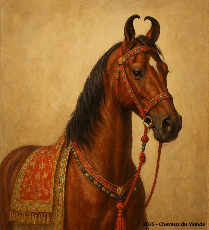 Portrait d’un cheval Marwari richement harnaché, avec ses oreilles typiquement incurvées vers l’intérieur, orné d’un tapis de selle et de brides traditionnelles indiennes aux motifs rouges et dorés.