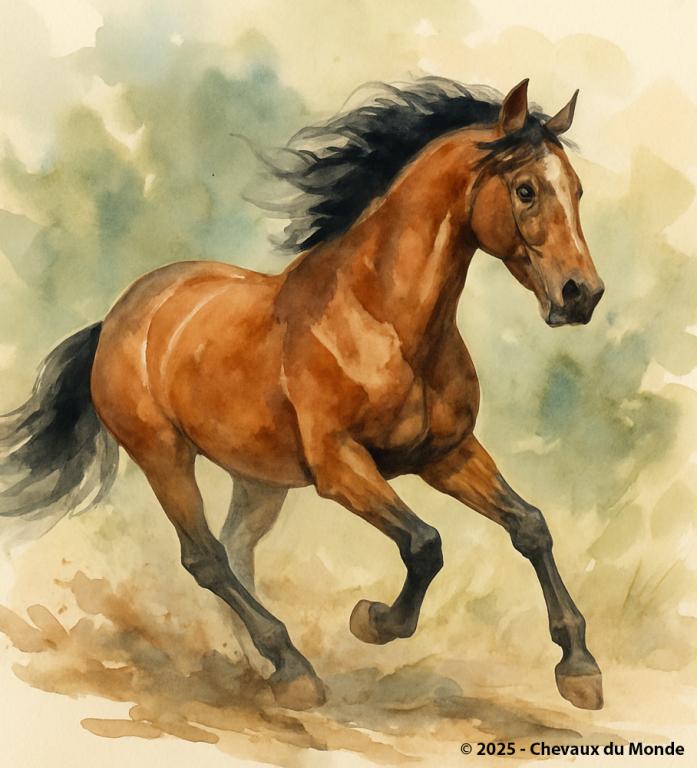 Cheval bai en mouvement représenté en aquarelle.
