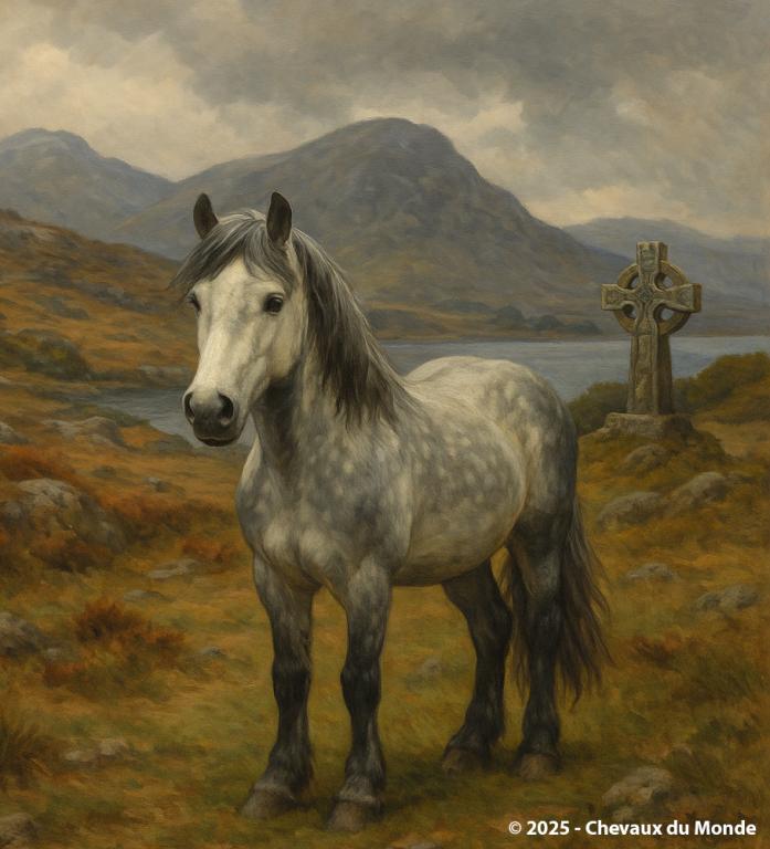 Poney Connemara gris dans un paysage irlandais avec croix celtique en arrière-plan