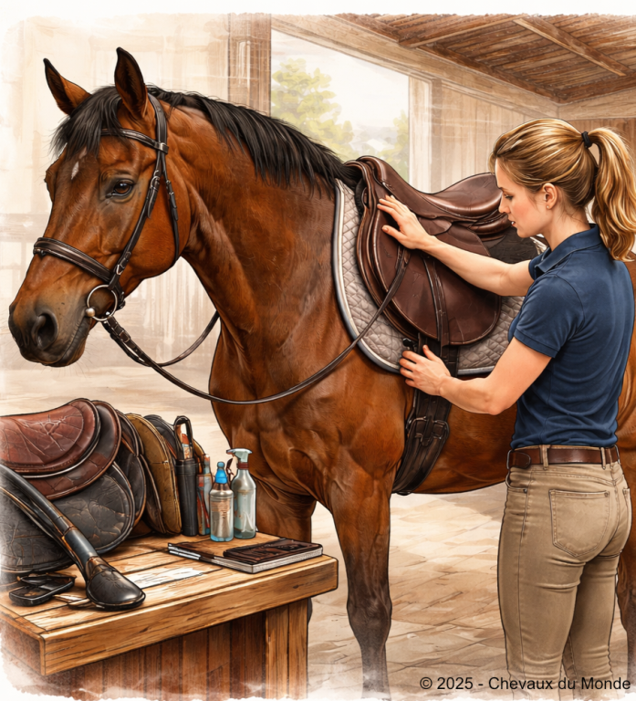 Saddle-fitter ajustant la selle sur le dos d’un cheval afin d’assurer un confort optimal et une bonne répartition des pressions.