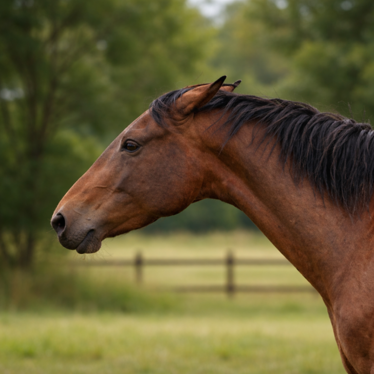 Cheval de profil avec les oreilles légèrement en arrière dans un environnement naturel