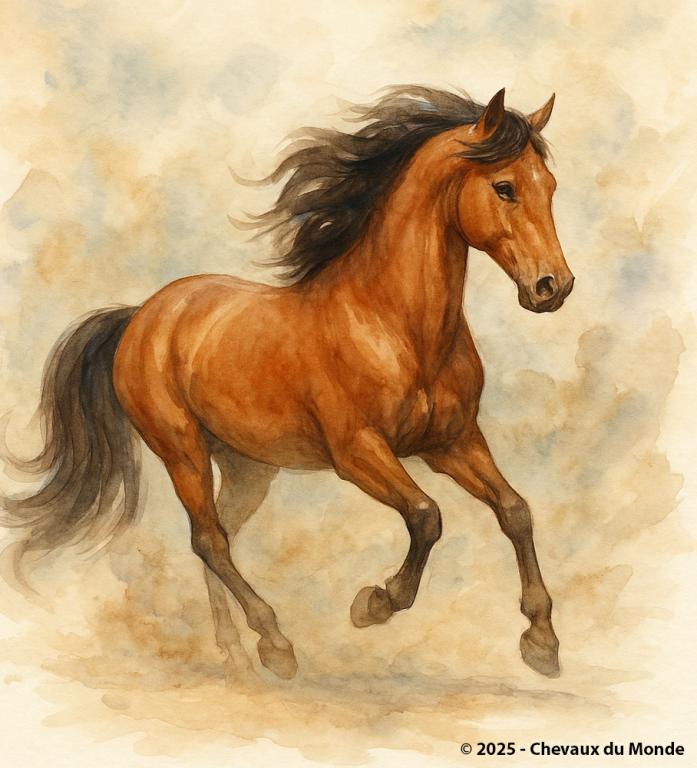 Aquarelle d’un cheval bai galopant librement dans un nuage de poussière, avec crinière au vent et regard tourné vers l’horizon.