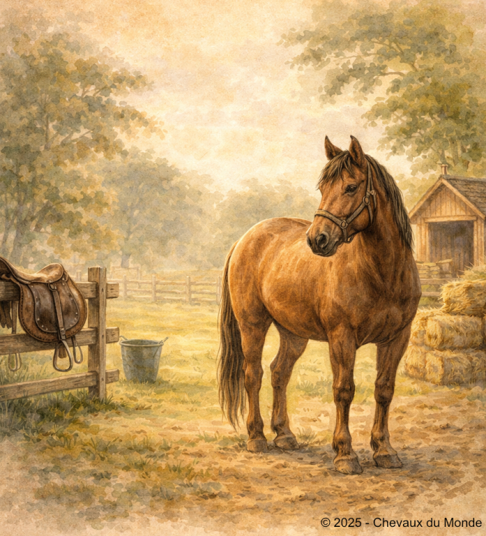 Cheval dans un paddock avec selle, foin et abri, illustrant les coûts d’entretien, de pension, d’alimentation et d’équipement d’un cheval