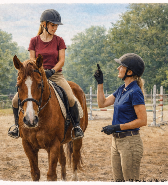 Cavalière débutante portant un casque, montée sur un cheval calme dans un manège, sous la supervision d’une enseignante donnant des consignes de sécurité.