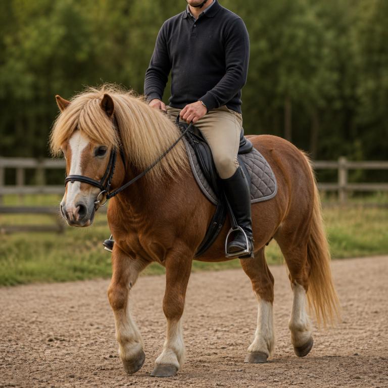 Adulte montant un poney robuste en extérieur dans un environnement naturel