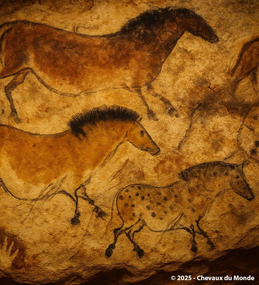 Prehistoric cave paintings of horses, created with ochre and charcoal on the wall of an ancient cave.