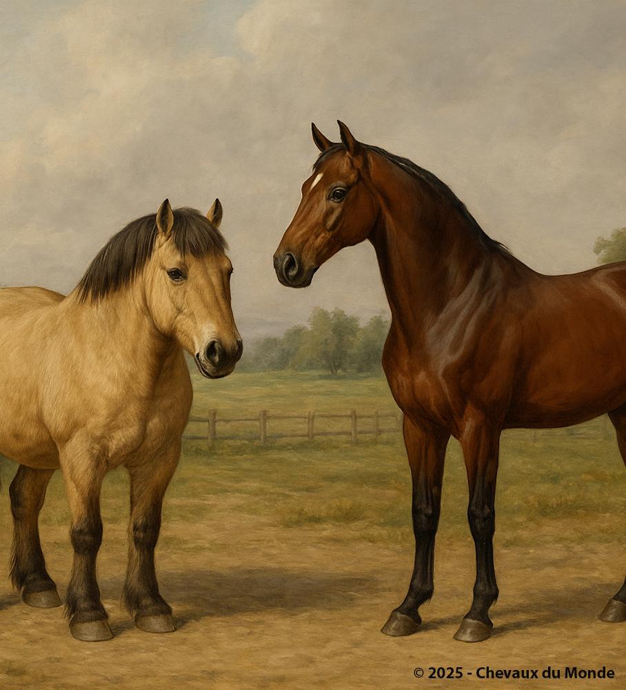 Illustration of two horses side by side: a dun-coated rustic horse and a bay sport horse, standing in a pastoral landscape.
