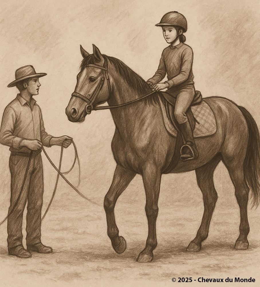 Vintage illustration of a young horse being broken-in, ridden by a novice rider under the supervision of a trainer on the lunge.