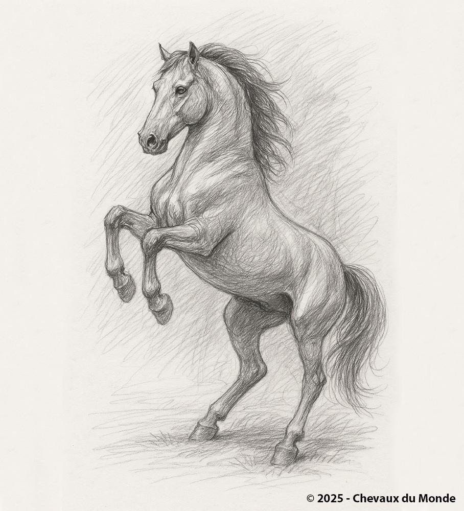 Pencil drawing of a powerful rearing horse, representing strength and the genetic diversity resulting from crossbreeding.