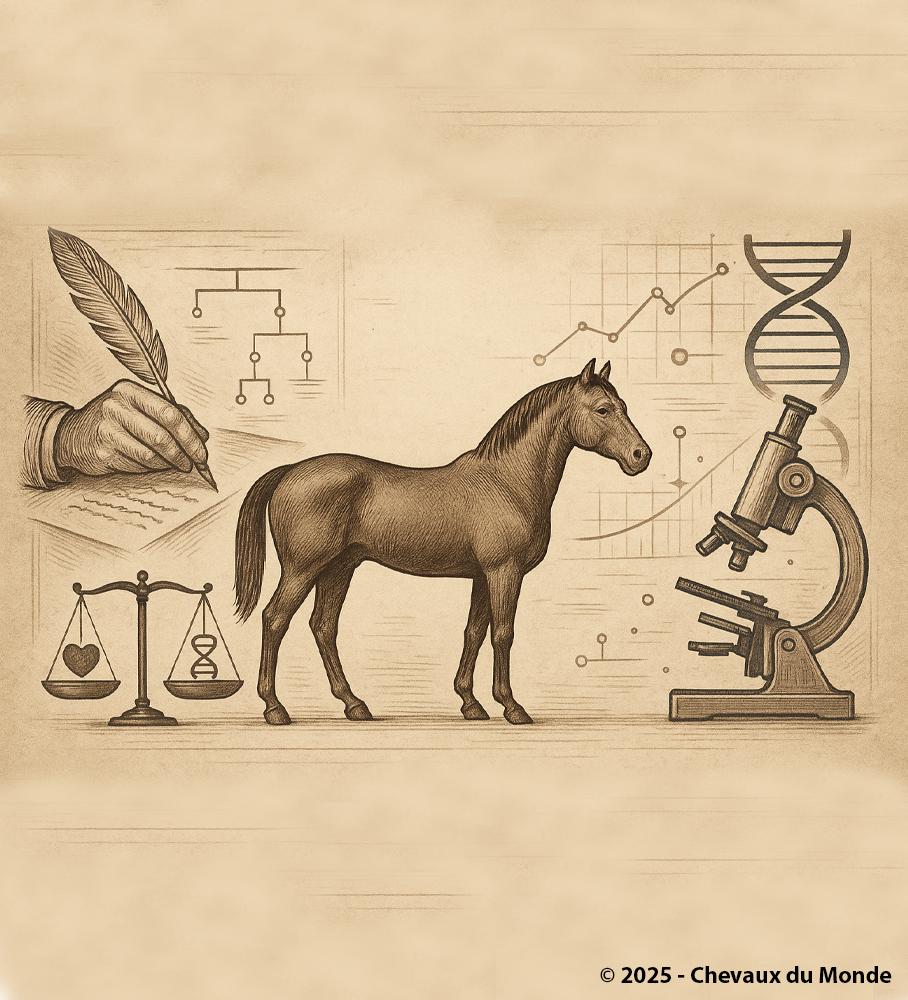 Engraving-style illustration of a horse surrounded by symbols of science and tradition: microscope, DNA strand, genealogy chart, writing quill, and balance scale. Represents the concept of equine breeding selection.