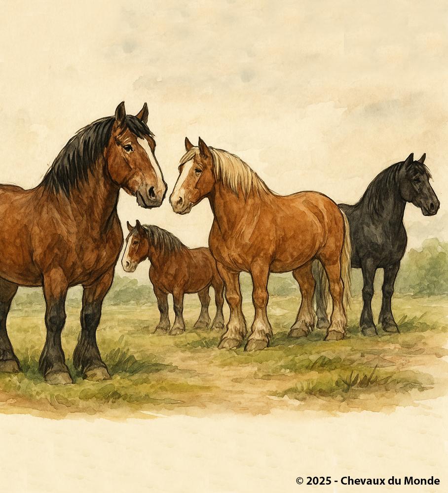 Watercolor illustration of several heavy draft horses in a meadow. These cold-blooded horses are massive, calm, and powerful, with strong builds and abundant feathering.