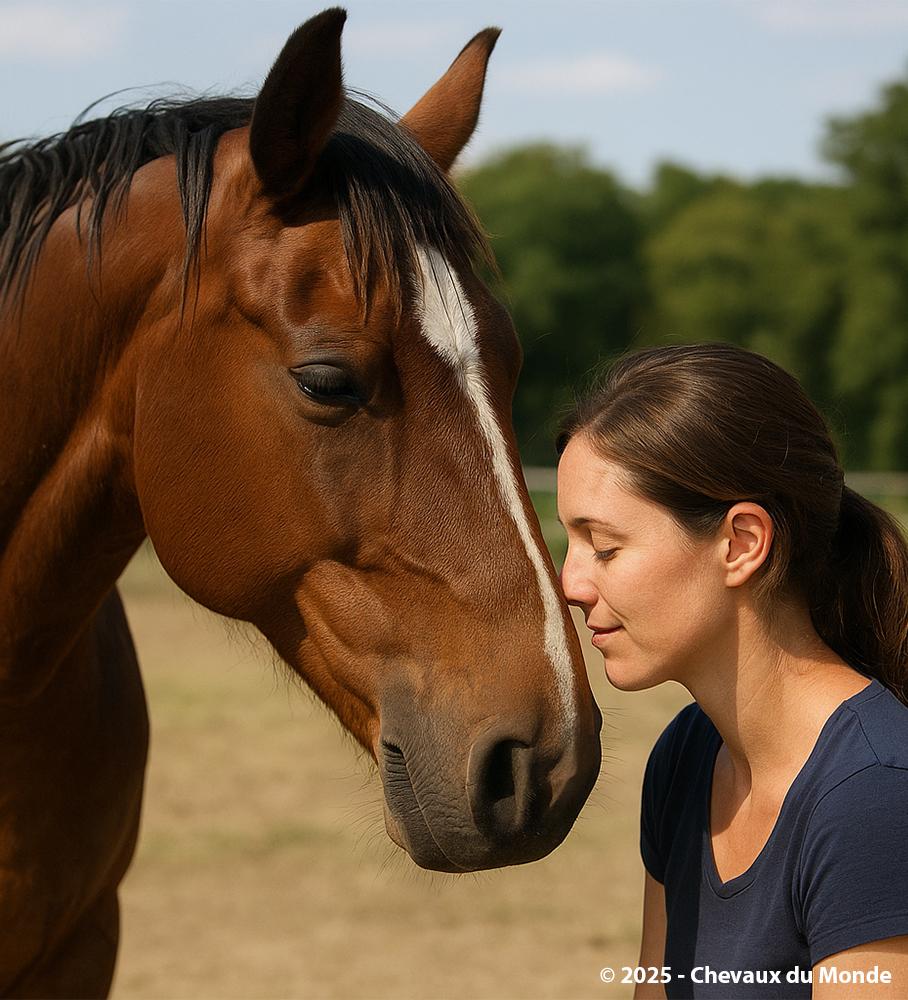 A woman and a bay horse gently touch foreheads with eyes closed, sharing a peaceful moment of trust outdoors.