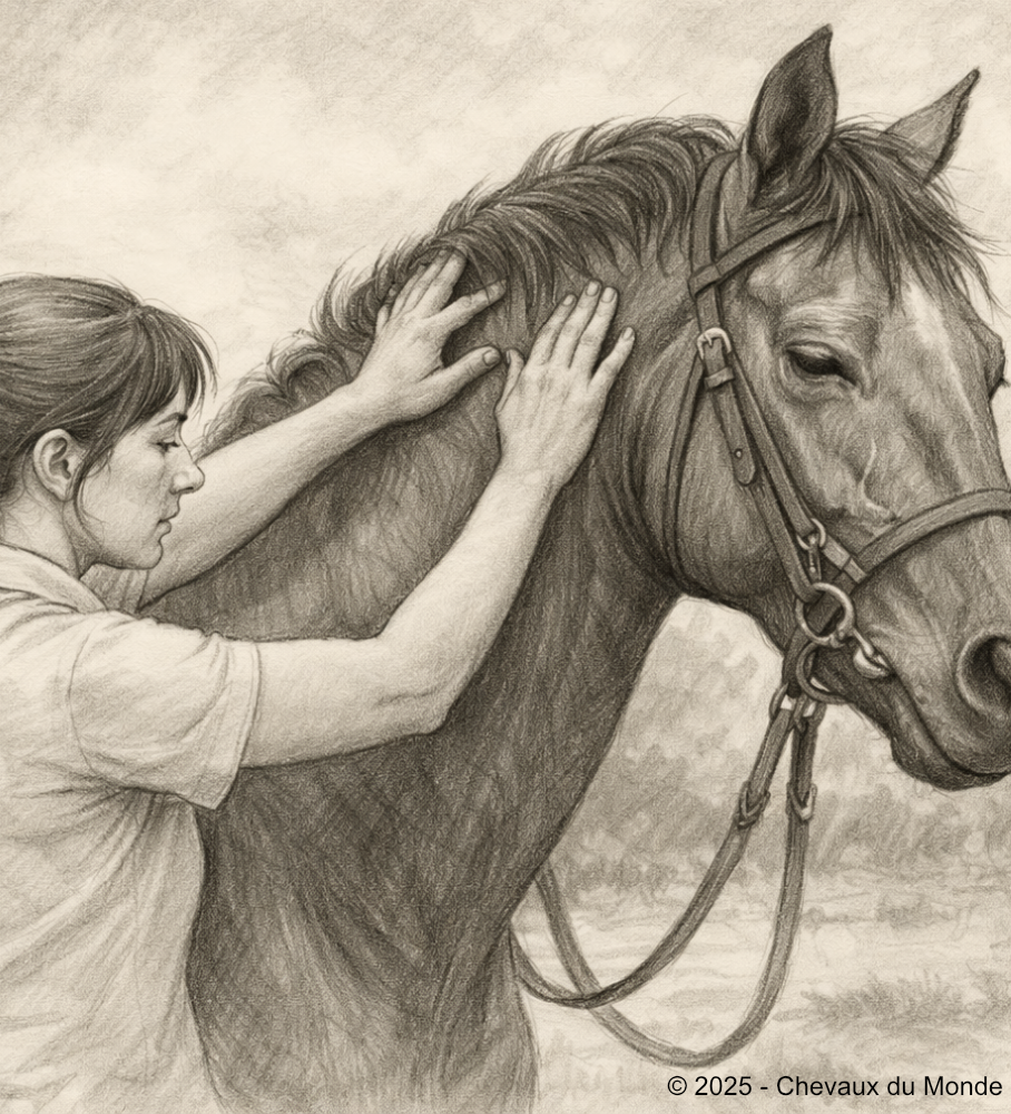 Pencil drawing of an equine osteopath gently working on the neck of a bridled horse outdoors, with a soft blurred background.