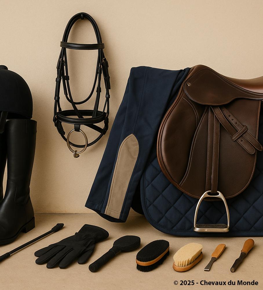 Beginner riding equipment including saddle, bridle, riding pants, boots, gloves, saddle pad, crop, and grooming brushes.
