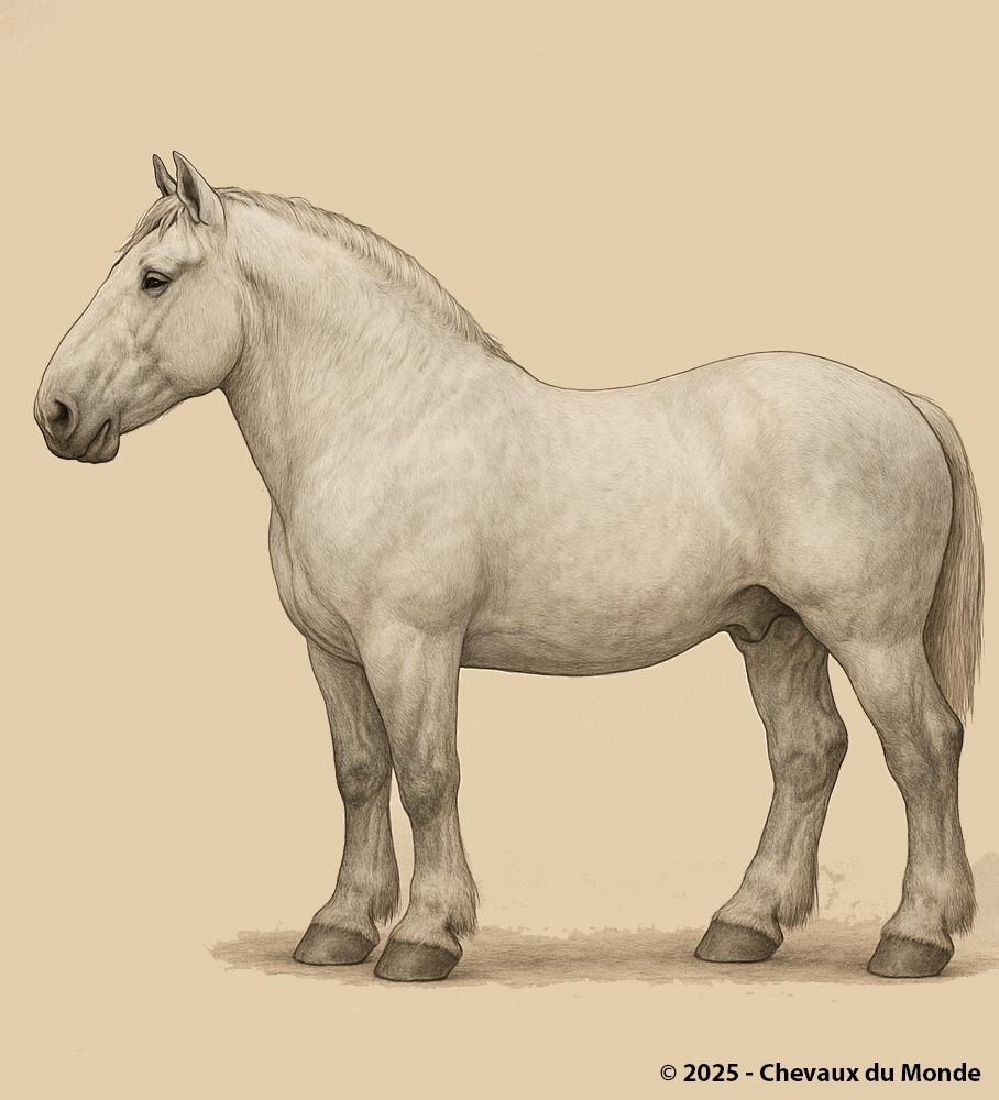 Boulonnais horse seen from the left profile, realistically illustrated, representing a local draft breed threatened according to the 2022 report on equine genetics.
