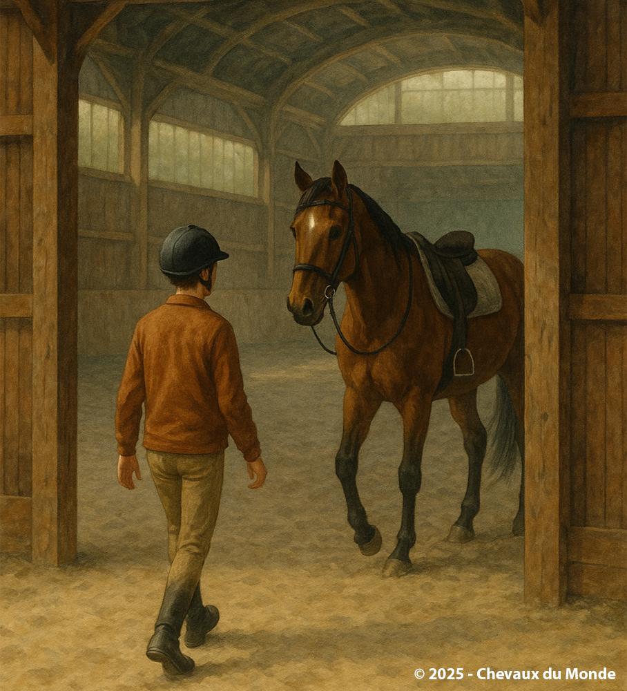 Beginner rider walking into a sand arena to meet a saddled horse, with soft daylight coming through the indoor riding hall windows.