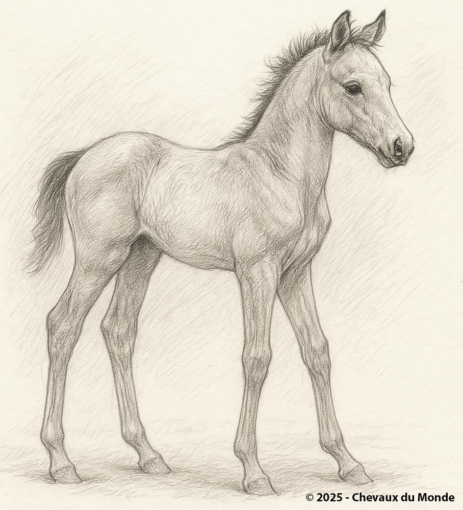 Pencil drawing of a young foal standing in three-quarter profile, ears forward, against a light textured background.