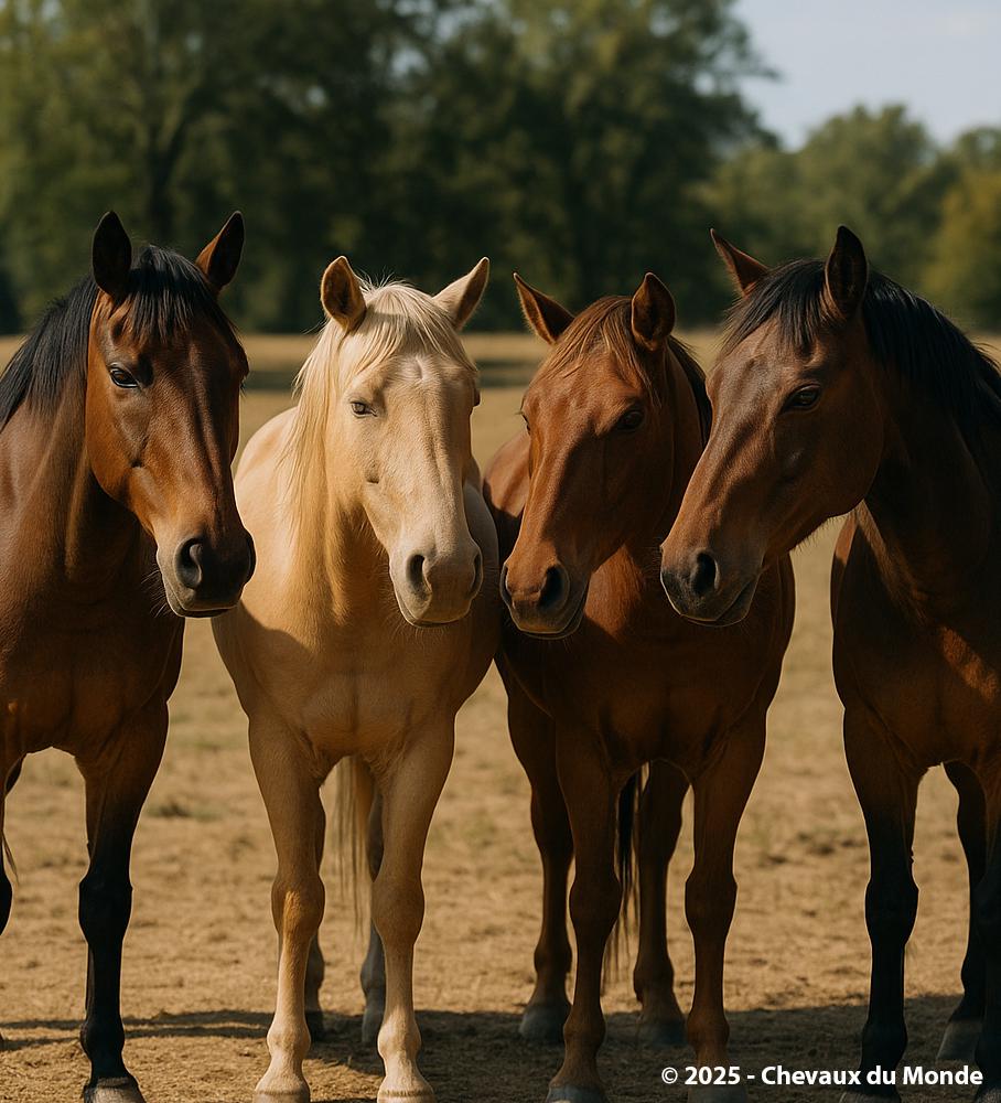 Four horses of different coats gathered in a field in summer, in a semicircle, observing the camera.
