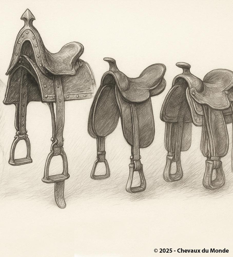 Pencil drawing depicting several historical saddles, from the Middle Ages to modern models.