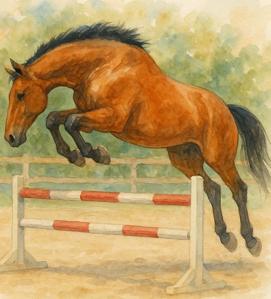 Watercolor painting of a bay horse jumping over a training obstacle in an outdoor arena.