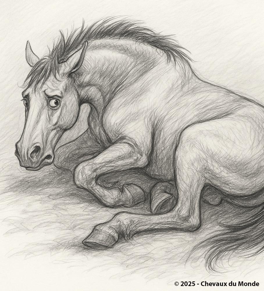 Pencil drawing of a horse lying on its side with a pained and distressed expression, representing an episode of colic.