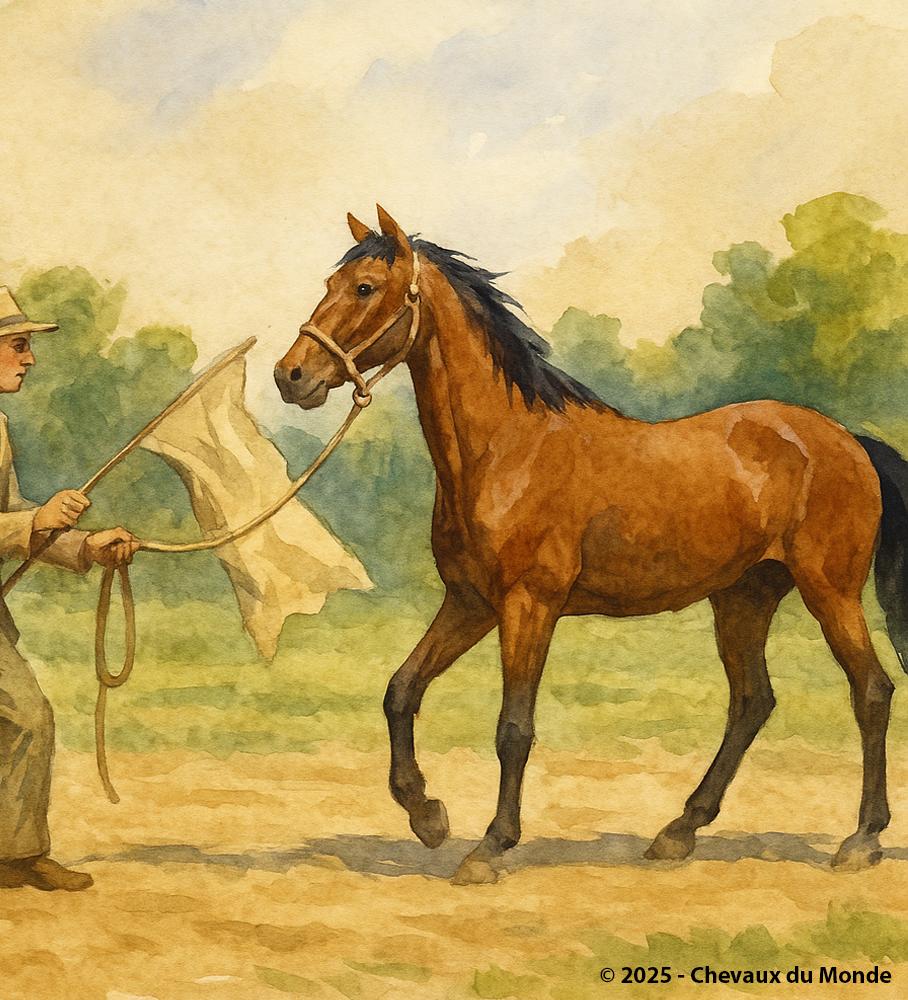 Vintage watercolor showing a bay horse on the lunge, facing a flag waved by a trainer during a desensitization exercise.