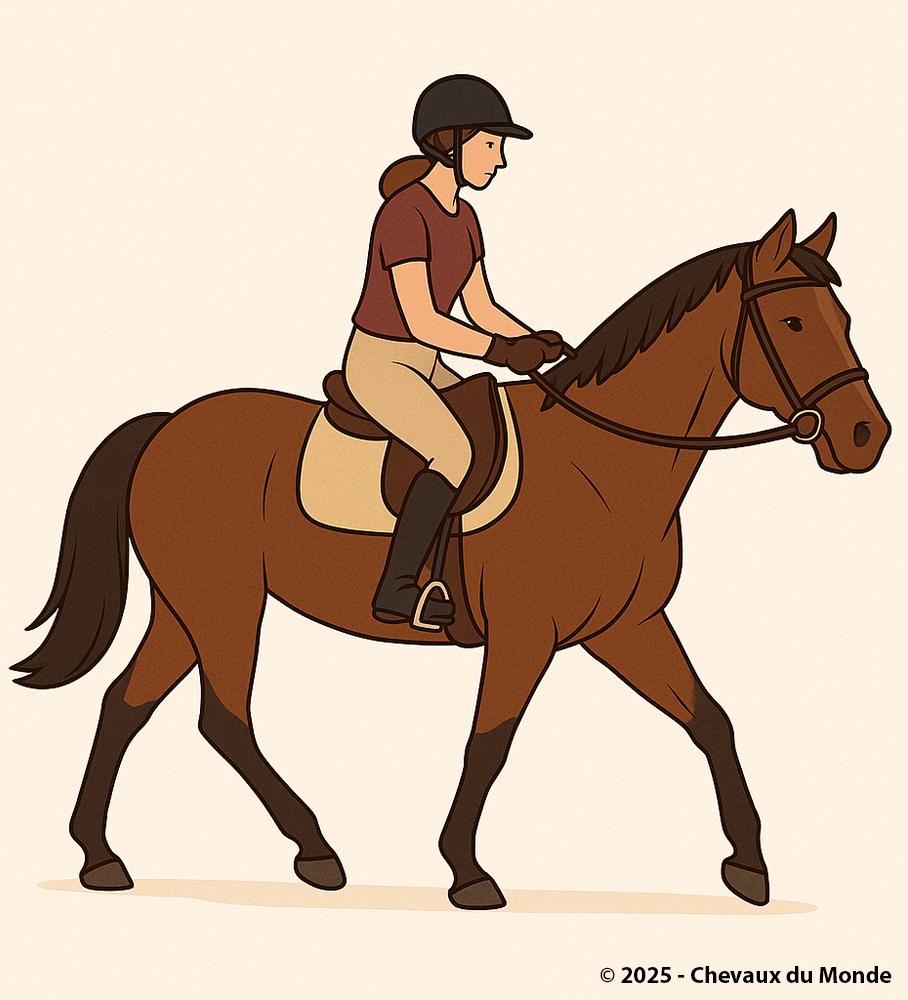 Stylized illustration of a beginner rider walking a horse, shown in a learning posture with basic riding gear.