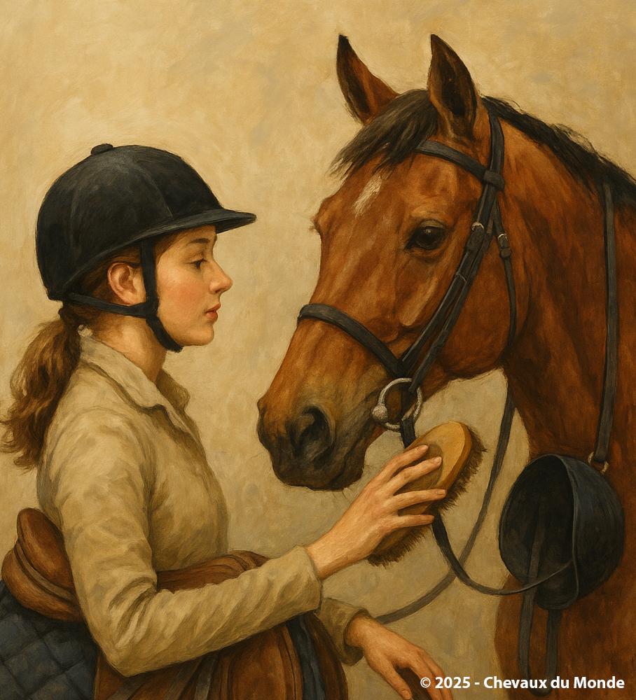 Young rider in equestrian gear gently brushing her horse’s face, holding a saddle and a blanket in her other hand.