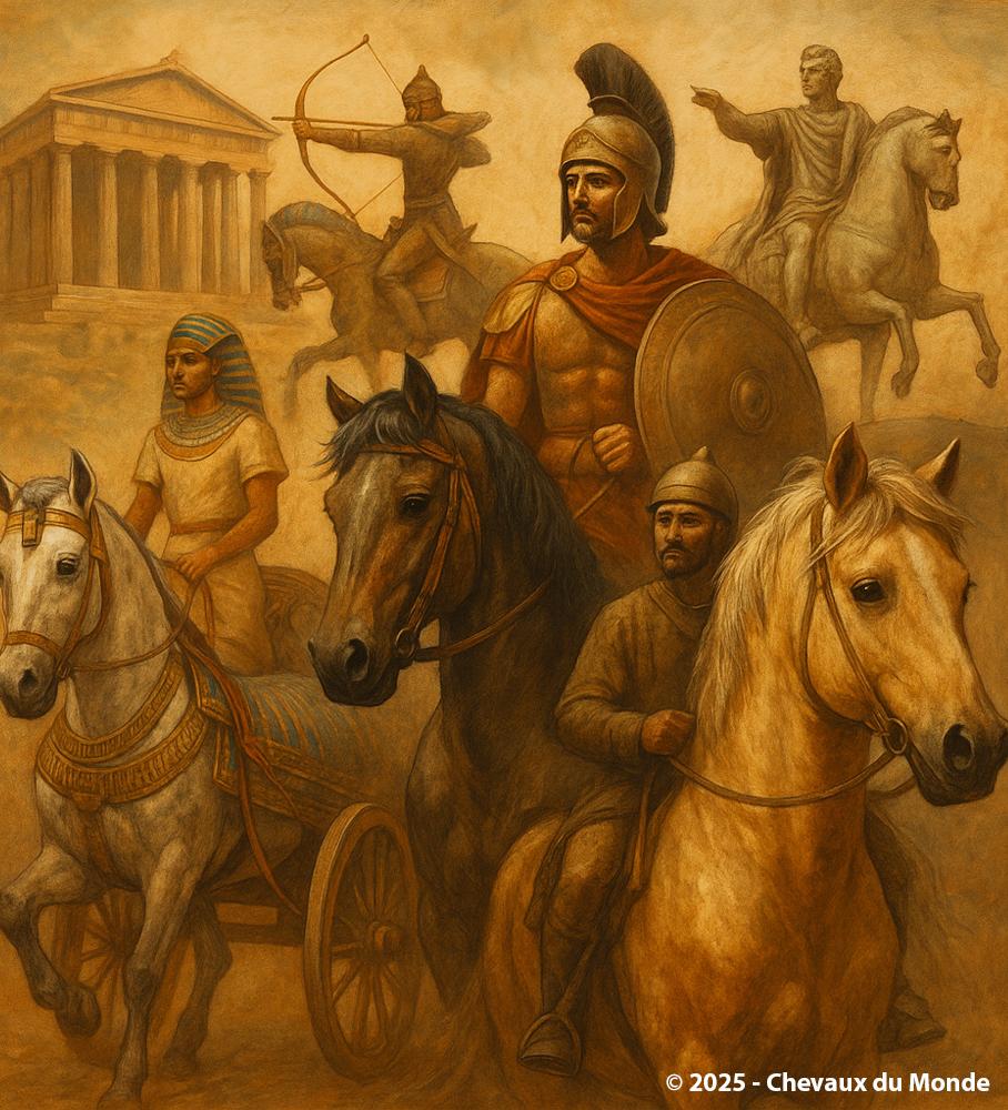 Mural depicting various ancient civilizations with horses: an Egyptian charioteer, a Greek armored rider, a mounted archer, a Roman horseman, and a leader in the background. The scene includes temples and ancient statues.