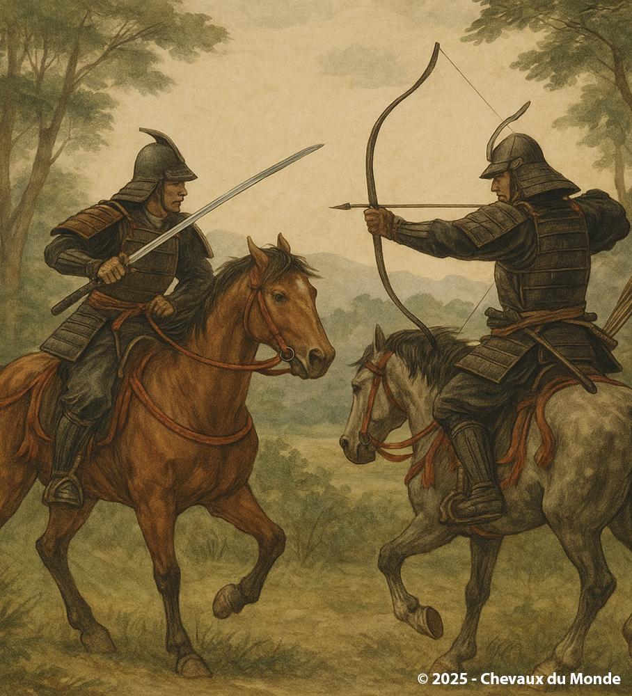 Historical illustration of two armored samurai on horseback, one wielding a sword and the other a bow, in a forest battle scene.