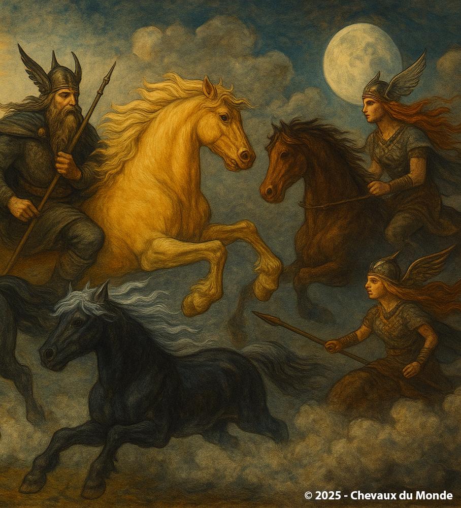Illustration inspired by Norse mythology showing deities and winged warriors riding majestic horses under a full moon in a dramatic celestial scene.