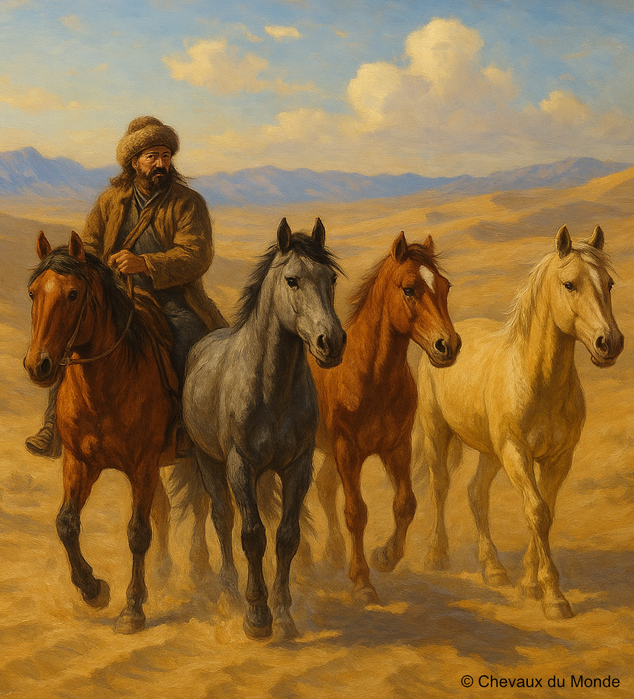 Nomadic rider leading several horses through a desert landscape evoking the Silk Road.