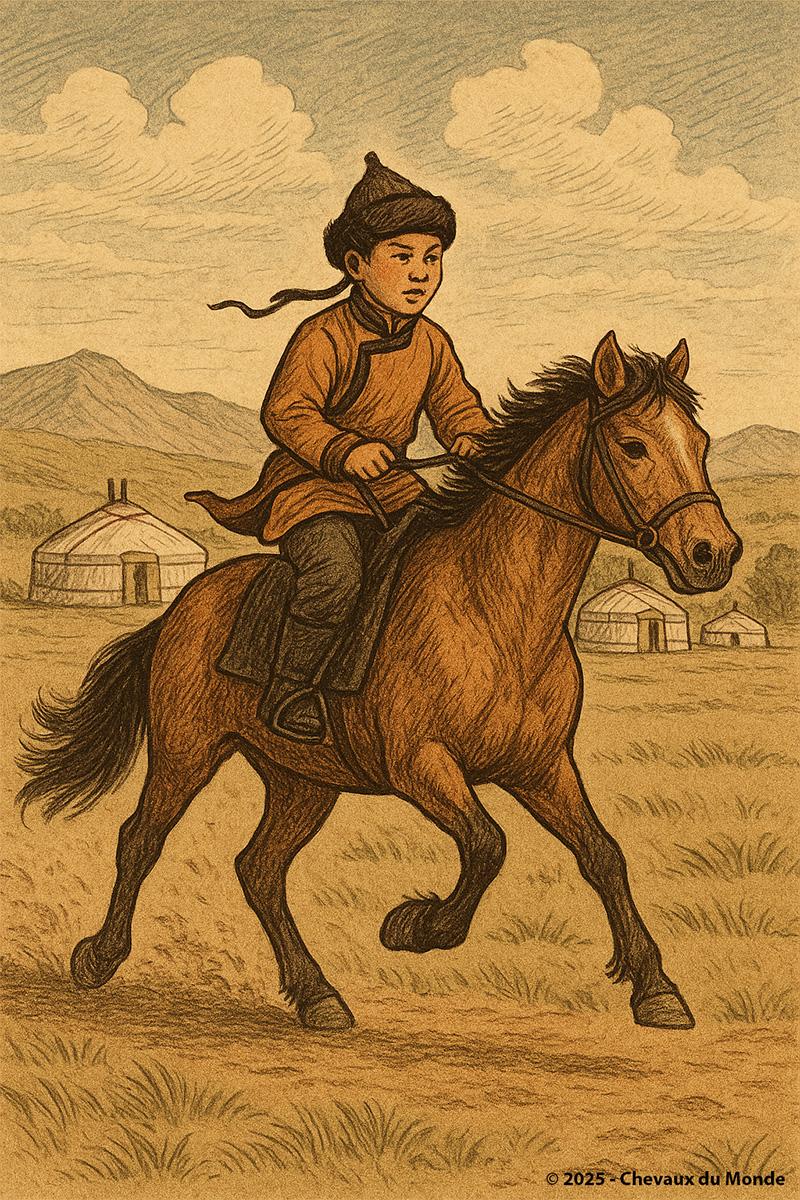 Mongolian child on horseback during Naadam, galloping across the steppe with yurts in the background