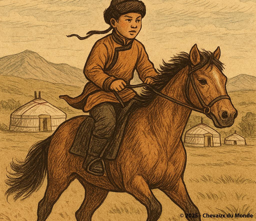 Young Mongolian rider on a steppe horse in front of yurts, with mountains in the background.