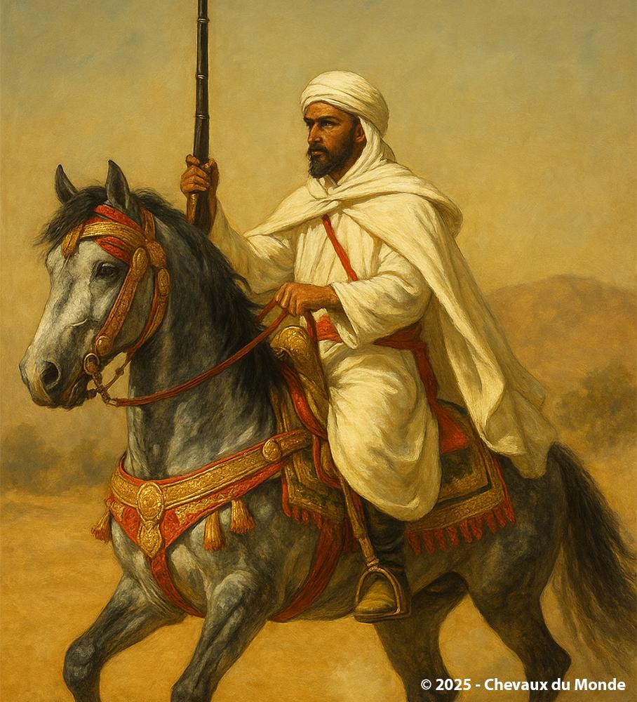 Moroccan rider in a white burnous, mounted on a grey horse adorned with red and gold tack, holding a traditional rifle. The desert setting evokes the Fantasia performance.