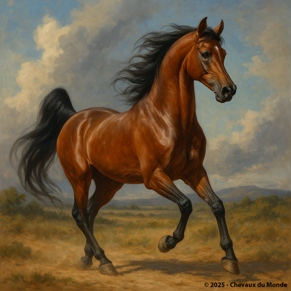 Hot-blooded horse galloping across a plain, painted in a classical style emphasizing its refined muscles, noble carriage, and energetic posture.