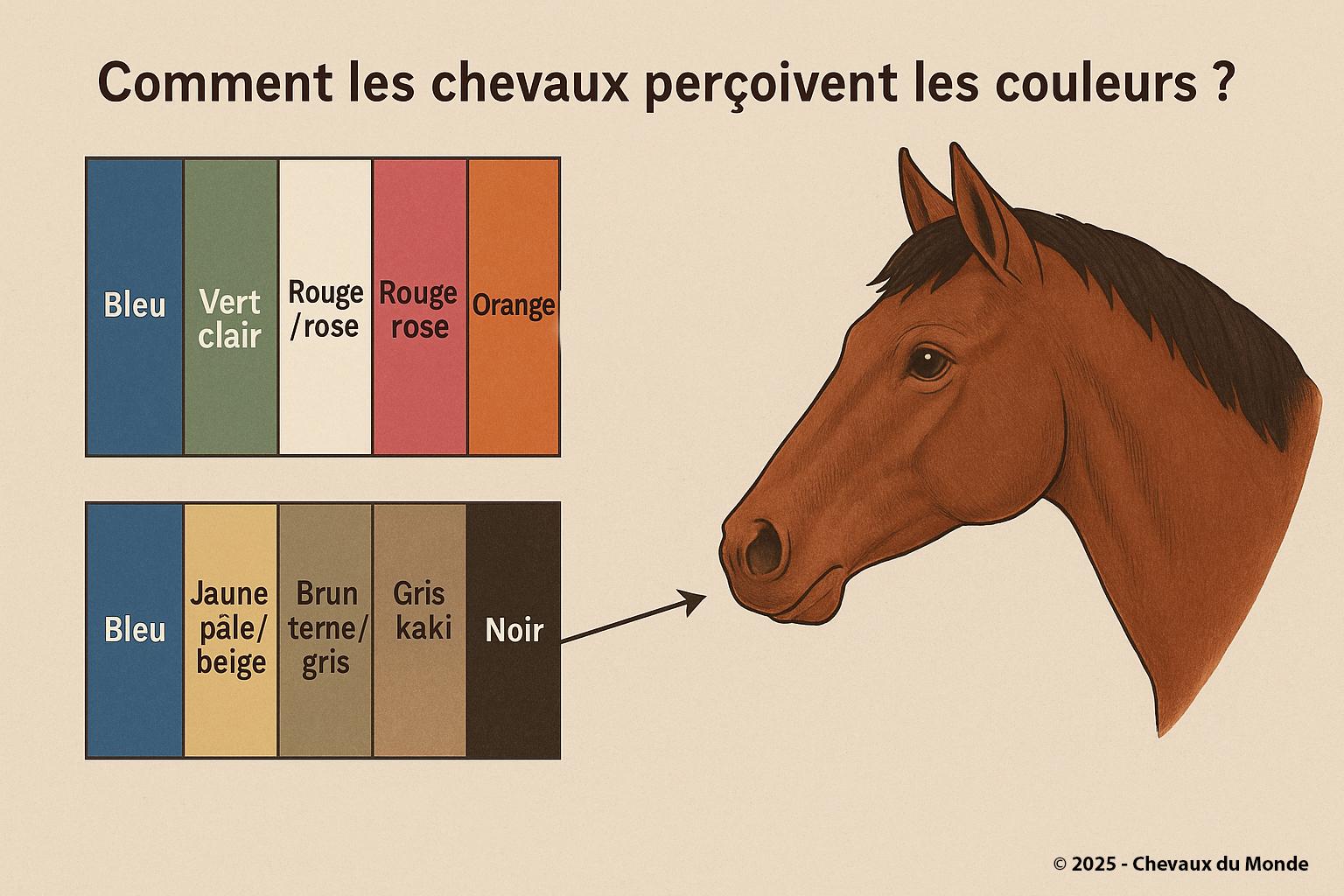 Illustration comparing how humans and horses perceive colors: human-visible colors (blue, green, red, orange) versus horse vision (blue, pale yellow, dull brown, khaki gray, black), with a horse in profile.