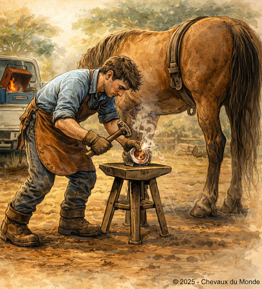 Farrier forging and fitting a horseshoe onto a horse’s hoof in a rural setting