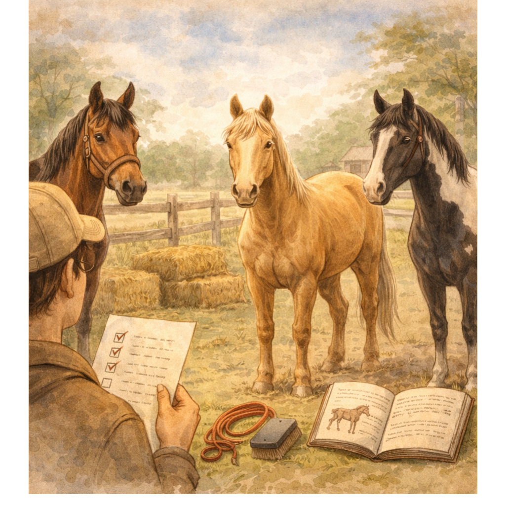 Person observing and comparing several horses in a paddock to choose a first horse