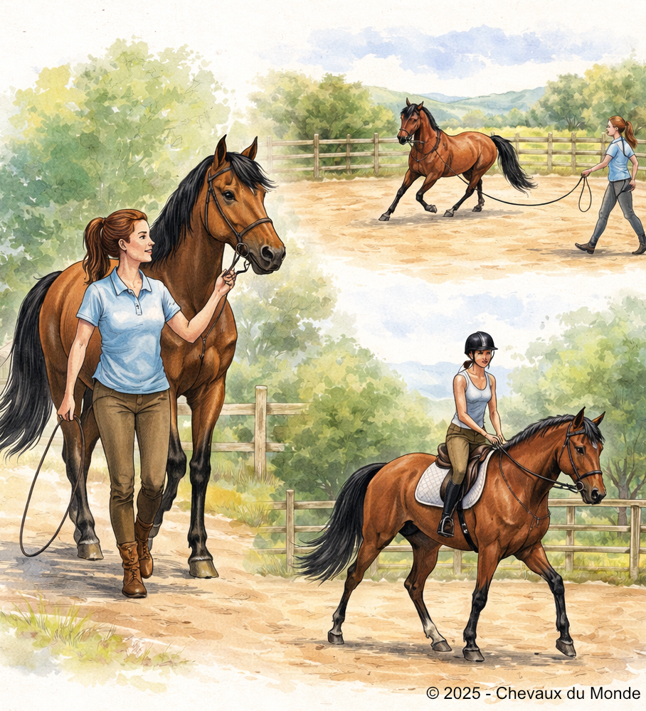 Illustration showing how a horse learns to respond to voice commands through groundwork, lunging, and ridden work in a calm environment.