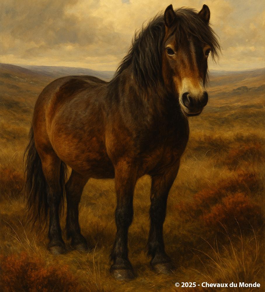 Portrait of an Exmoor pony in its native British moorland, with a dark brown coat and alert expression, under a cloudy sky.