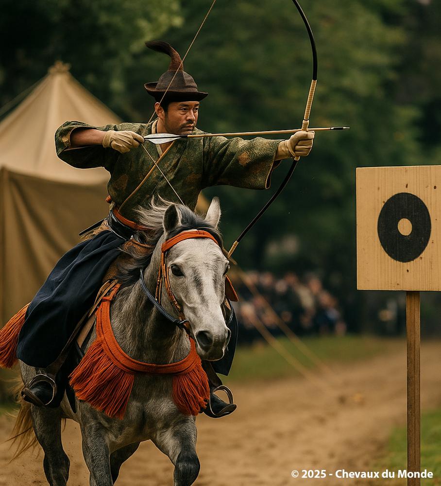 Japanese rider in traditional outfit practicing Yabusame: horseback archery at full gallop, aiming at a round wooden target in a ceremonial setting.