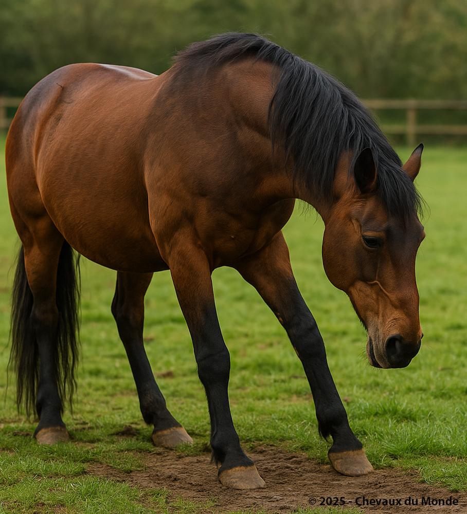 Bay horse showing a typical laminitis pain stance, with front legs stretched forward and weight shifted to the hindquarters, standing in a pasture.