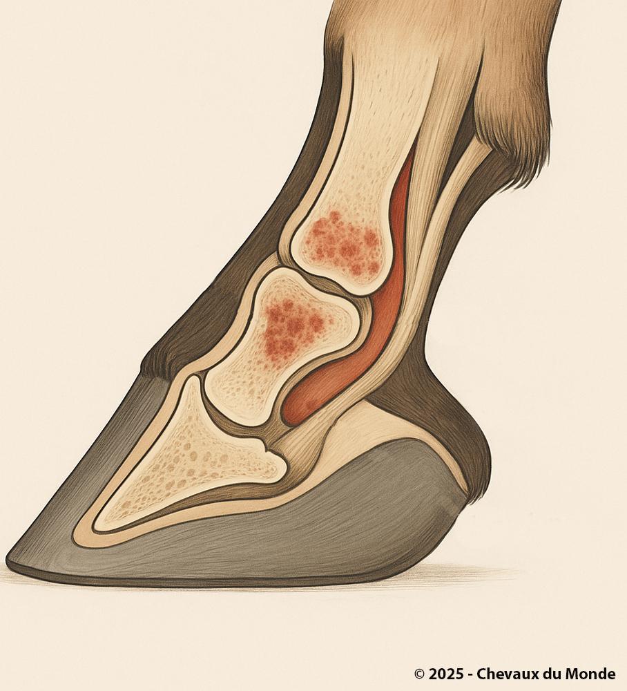 Anatomical cross-section of a horse’s hoof showing navicular syndrome, highlighting inflamed areas around the navicular bone.