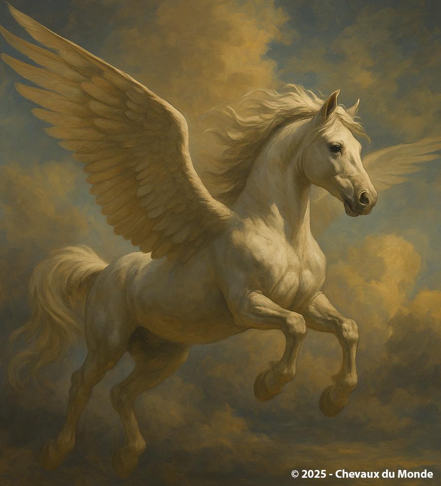 Artistic depiction of the winged horse Pegasus rising into the sky, surrounded by golden clouds and celestial light.